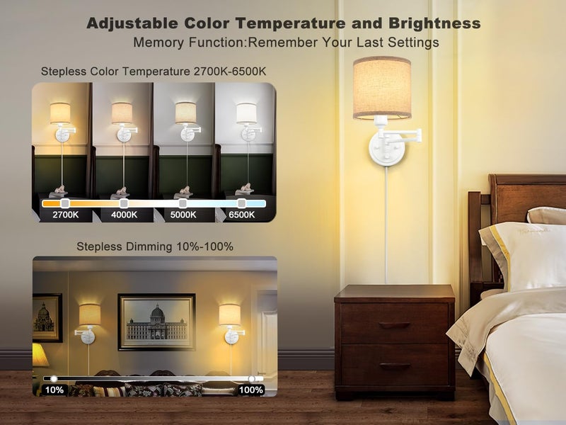 GOODATE Plug in Wall Sconces with Remote Control, Dimming, Adjustable Colors 2700K-6500K, Hardwire or Plug-in, Swing Arm Wall Lamp with Linen Fabric Shade, Wall Sconces Set of Two, White Finish - Image 2